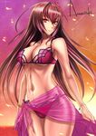 bikini brown_hair fate/grand_order fate_(series) long_hair parted_lips red_eyes sarong scathach_(fate)_(all) scathach_(swimsuit_assassin)_(fate) signature solo standing swimsuit wa-kun 