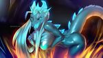  anthro blue_eyes blue_hair blue_sclera blue_skin breasts dota dragon female hair horn nude skygracer solo video_games winter_wyvern 