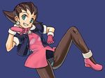  breasts brown_hair earrings gloves green_eyes hair_pulled_back hairband jewelry kaimuu_(fahrenheit724) medium_breasts pantyhose pink_hairband rockman rockman_dash short_hair smile solo tron_bonne 