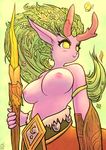  antlers arthropod blush breasts butterfly cervine deertaur female green_hair hair heroes_of_the_storm horn insect lunara_(character) mammal mesperal nude solo taur yellow_eyes 