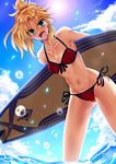  :d avalon_(fate/stay_night) beach bikini blonde_hair cloud day fang fate/apocrypha fate/grand_order fate_(series) green_eyes highres midriff mordred_(fate)_(all) mordred_(swimsuit_rider)_(fate) nauchi navel open_mouth outdoors ponytail prydwen red_bikini red_scrunchie scrunchie sky smile solo sun surfboard swimsuit tan water 