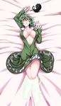 &gt;:( amputee arm_up blush breasts breasts_apart center_opening commentary_request dress frown ghost_tail green_dress green_eyes green_hair hat hat_removed headwear_removed highres japanese_clothes kuon_yashiro large_breasts long_sleeves lying navel no_bra nose_blush ofuda on_back on_bed short_hair soga_no_tojiko solo tate_eboshi touhou v-shaped_eyebrows 
