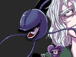  black_hat bloodshot_eyes blue_eyes commentary_request creepy_eyes eyeball hat horror_(theme) komeiji_koishi kuon_yashiro looking_at_viewer open_mouth out_of_frame short_hair silver_hair solo surreal teeth third_eye touhou upper_body 