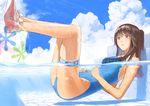  absurdres bad_id bad_pixiv_id ball beachball brown_eyes brown_hair highres long_hair lying one-piece_swimsuit original ponytail shoes sneakers solo swimsuit tama_(monster1553) water 