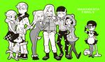  bear_ears beard belt_buckle bodysuit bow bowtie buckle camera dress facial_hair fake_animal_ears family fingerless_gloves gloves green_background haku_le hand_on_hip hat higashikata_daiya higashikata_hato higashikata_joubin higashikata_joushuu higashikata_mitsuba higashikata_norisuke_iv higashikata_tsurugi hood hoodie jojo_no_kimyou_na_bouken jojolion leaning_forward lipstick maid makeup monochrome nijimura_kyou open_mouth otoko_no_ko pantyhose paper_airplane paper_moon_king pouty_lips skirt smile stand_(jojo) striped striped_legwear tattoo throwing vacuum_cleaner 