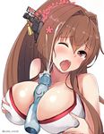  between_breasts blush breasts brown_hair colis_(regunm772) collarbone grabbing hair_intakes kantai_collection large_breasts long_hair number one_eye_closed open_mouth ramune sexually_suggestive solo tears twitter_username upper_body yamato_(kantai_collection) 