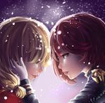  2girls blonde_hair closed_eyes dated epaulettes gloves hand_on_another's_face light_smile multiple_girls nagong_liangcai nelson_(zhan_jian_shao_nyu) profile red_hair red_lips rodney_(zhan_jian_shao_nyu) snow uniform yuri zhan_jian_shao_nyu 