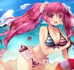  ball beach beachball bikini breasts cleavage day highres huge_breasts long_hair mismatched_bikini multicolored_bikini_top pink_bikini_bottom pink_hair purple_eyes rasis rushin solo sound_voltex striped striped_bikini swimsuit twintails 