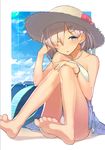  :p bare_shoulders barefoot beach bikini cloud day eyes_visible_through_hair feet flower hair_ornament hair_over_one_eye hairclip hamakaze_(kantai_collection) hand_in_hair hat hat_flower highres hitoshi kantai_collection lens_flare md5_mismatch one_eye_closed silver_hair sitting sky soles solo straw_hat sun_hat swimsuit toes tongue tongue_out water 