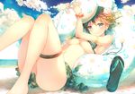 anchor_symbol barefoot beach bikini blue_eyes blue_sky blush breasts brown_hair closed_mouth cloud cloudy_sky day flower green_bikini hair_flower hair_ornament hairband headgear hiei_(kantai_collection) innertube kantai_collection looking_at_viewer lying medium_breasts navel on_back outdoors rose sand sandals sandals_removed short_hair sideboob skindentation sky smile solo striped striped_bikini sune_(mugendai) swimsuit thighs underboob untied untied_bikini 