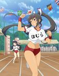  breasts buruma dark_skin female high_ponytail homura_(senran_kagura) large_breasts long_hair mirai_(senran_kagura) multiple_girls official_art ponytail running senran_kagura senran_kagura_(series) shoes 