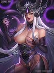  bare_shoulders breasts citemer fingerless_gloves gloves hips large_breasts league_of_legends lips long_hair looking_at_viewer nipples parted_lips purple_eyes shiny shiny_skin solo syndra thighs very_long_hair white_hair 