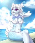  5_fingers anthro blue_fur blue_nose breasts chloe-dog clothing day eyebrows eyelashes feline female fluffy fluffy_tail fur hair lynx mammal midriff navel outside purple_eyes sitting sky solo teeth thick_thighs water white_fur white_hair wide_hips 