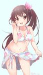  :d alternate_hairstyle ass_visible_through_thighs bare_shoulders bikini blush breasts brown_eyes brown_hair floral_print hair_ornament highres kantai_collection kisaragi_(kantai_collection) leaning_forward long_hair looking_at_viewer medium_breasts navel open_mouth ponytail sarong shiso_azuki side_ponytail smile solo swimsuit thigh_gap thighs twitter_username 