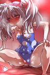  1girl blue_hair blush breasts breath censored cowgirl_position flower girl_on_top hair_flower hair_ornament hands_on_own_knees hetero highres hoshino_ruri kidou_senkan_nadesico long_hair penis pussy sex small_breasts solo_focus spread_legs squatting steam straddling sweat swimsuit swimsuit_aside twintails vaginal wanaata yellow_eyes 