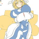  blonde_hair breasts chiyoshi_(sevendw) curvy dress fox_tail frills hands_in_opposite_sleeves hat huge_breasts long_sleeves multiple_tails pillow_hat solo tabard tail touhou white_dress wide_hips wide_sleeves yakumo_ran yellow_eyes 