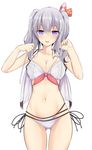  :d bikini breasts cleavage collarbone cowboy_shot hair_ribbon kantai_collection kashima_(kantai_collection) layered_bikini looking_at_viewer medium_breasts multi-strapped_bikini navel open_mouth purple_eyes ribbon side-tie_bikini silver_hair simple_background smile solo swimsuit takeyuu twintails white_background white_bikini 