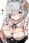  alternate_costume blue_eyes blush breasts cleavage cosplay detached_sleeves hair_ornament hair_over_one_eye hairpin hamakaze_(kantai_collection) heart highres kantai_collection large_breasts look-alike looking_at_viewer maid maid_headdress md5_mismatch okitsugu re:zero_kara_hajimeru_isekai_seikatsu rem_(re:zero) rem_(re:zero)_(cosplay) short_hair silver_hair simple_background smile solo white_background 