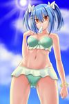  blue_hair breasts cleavage cloud day food from_below groin groin_tendon highres lanse_dai_mao large_breasts looking_at_viewer mouth_hold navel popsicle prinz_eugen_(zhan_jian_shao_nyu) red_eyes short_twintails solo sun swimsuit thighs twintails zhan_jian_shao_nyu 