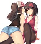  arm_support ass baseball_cap black_legwear blue_eyes blush brown_eyes brown_hair choker denim denim_shorts female_protagonist_(pokemon_go) hair_between_eyes hat kureha_(ironika) leggings long_hair looking_at_viewer multiple_girls pokemon pokemon_(game) pokemon_bw pokemon_go ponytail red_choker shiny shiny_skin short_shorts shorts sidelocks simple_background sitting smile tongue tongue_out touko_(pokemon) white_background 