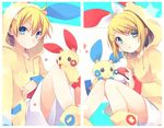  1girl :&lt; :o ahoge arm_at_side bangs black_eyes blonde_hair blue_eyes blush boots border bow casual cosplay crossover drawstring eyebrows eyebrows_visible_through_hair flat_chest gen_3_pokemon hair_ornament hairclip holding holding_poke_ball hood hoodie kagamine_len kagamine_rin knees_together_feet_apart knees_up kuroi_(liar-player) long_sleeves matching_outfit minun minun_(cosplay) plusle plusle_(cosplay) pocket poke_ball pokemon pokemon_(creature) pokemon_(game) short_hair sitting smile sparkle split_screen star vocaloid white_border white_bow 