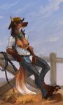  anthro areola breasts canine clothed clothing female fur hat looking_at_viewer mammal nipples open_jacket outside smile solo standing unzipped wooy 