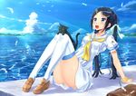  animal arm_support ass black_cat black_hair blue_eyes blue_sky blush cat cloud commentary_request day dress hair_ornament hair_ribbon hairclip highres kazeno loafers long_hair neckerchief ocean open_mouth original outdoors ribbon sailor_dress scrunchie shoes sitting sky smile solo thighhighs twintails uniform very_long_hair water white_dress white_legwear wrist_scrunchie 