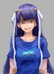  arms_at_sides arts_shirt blue_eyes blue_hair blue_shirt clothes_writing collarbone english fate/grand_order fate_(series) grimace head_tilt highres kouzuki_kei long_hair looking_at_viewer md5_mismatch saint_martha shirt short_sleeves signature solo t-shirt upper_body 