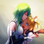  @_@ admiral_hipper_(zhan_jian_shao_nyu) age_difference blonde_hair blush breasts commentary_request detached_sleeves forehead_kiss gloves glowworm_(zhan_jian_shao_nyu) green_hair hand_in_another's_hair kiss kongxia_zhi_yu large_breasts multiple_girls scarf short_hair wavy_mouth wrist_grab yuri zhan_jian_shao_nyu 