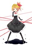 adapted_costume alternate_breast_size alternate_costume alternate_eye_color black_gloves black_legwear blonde_hair boots bow bowtie breasts darkness elbow_gloves full_body gloves hair_bow rumia short_hair side_ponytail skirt sleeveless solo touhou underbust uta_(kuroneko) yellow_eyes 