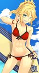  abs aqua_eyes armpits ass_visible_through_thighs bikini blonde_hair cowboy_shot fate/apocrypha fate/grand_order fate_(series) front-tie_bikini front-tie_top grin groin i-pan mordred_(fate)_(all) mordred_(swimsuit_rider)_(fate) navel one_eye_closed ponytail prydwen red_bikini short_hair side-tie_bikini smile solo standing stomach strap_pull surfboard swimsuit 