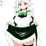  apron braid breasts chiyoshi_(sevendw) dress dress_lift hair_ribbon izayoi_sakuya juliet_sleeves large_breasts long_sleeves maid maid_apron maid_headdress puffy_sleeves red_eyes ribbon silver_hair skirt solo thigh_strap touhou twin_braids 