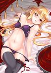  :d arm_up bat_wings bed black_legwear blush bra breasts cleavage collarbone demon_girl eyebrows eyebrows_visible_through_hair fang frills from_above granblue_fantasy head_wings leg_garter long_hair looking_at_viewer looking_up lying miyuki_rei navel on_back on_bed open_mouth panties panty_pull pointy_ears purple_bra purple_panties red_eyes shingeki_no_bahamut small_breasts smile solo stomach succubus thighhighs tooth underwear underwear_only vampire vampy very_long_hair wings 