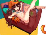  bikini breasts brown_hair couch gloves hat long_hair looking_at_viewer lying navel on_back open_mouth orange_gloves original red_eyes small_breasts solo striped striped_bikini suisogenshi swimsuit teeth tongue tongue_out twintails very_long_hair 