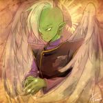  angel_wings dragon_ball dragon_ball_super earrings green_eyes green_skin hair_over_one_eye halo jewelry kurosaki_kanae male_focus pointy_ears signature solo upper_body white_hair wings zamasu 