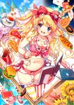  :d ace_of_spades alice_(wonderland) alice_in_wonderland bangs blonde_hair book bow bow_bra bow_panties bra bracelet braid breasts candy card castle checkerboard_cookie cherry_blossoms cleavage commentary_request cookie cover cover_page cup doughnut doujin_cover flower food french_fries frilled_bra frills garters hair_bow hair_flower hair_ornament hamburger hot_dog ice_cream jelly_bean jewelry long_hair looking_at_viewer medium_breasts midriff mismatched_legwear miwabe_sakura navel open_book open_mouth panties pizza playing_card pocket_watch purple_eyes saucer side-tie_panties smile solo spoon strawberry_tart striped striped_legwear sunflower tart_(food) teacup two_side_up underwear vertical-striped_legwear vertical_stripes vial watch 