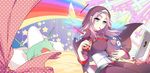  artist_request bed bed_sheet bloodline blue_eyes dagger gina_(bloodline) holding holding_stuffed_animal hood non-web_source on_bed pillow pink_hair princess rainbow sitting stuffed_animal stuffed_pig stuffed_toy tablet weapon wings wizard 