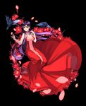  bird bishoujo_senshi_sailor_moon black_background black_hair breasts cleavage deimos_(sailor_moon) douyougen dress flower full_body hino_rei long_hair looking_at_viewer medium_breasts petals phobos_(sailor_moon) princess_mars purple_eyes red sleeveless sleeveless_dress solo 