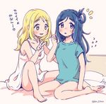  :3 :d alternate_hairstyle arm_around_back bare_legs barefoot bed_sheet blonde_hair blue_hair blush braid commentary_request crown_braid flying_sweatdrops hair_down hair_rings hairstyle_switch holding holding_hair long_hair looking_at_viewer love_live! love_live!_sunshine!! matsuura_kanan multiple_girls nightgown nightshirt ohara_mari open_mouth purple_eyes sitting smile sotamena_(km_stmn) translated twitter_username yellow_eyes 