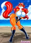  2015 anthro aurora_spencer beach big_breasts breasts canine cloud female fox fur fursuit green_eyes hair huge_breasts looking_at_viewer mammal nude open_mouth orange_fur outside red_hair sand seaside smile solo superbabsy123 water wide_hips 