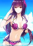  bikini blue_sky breasts cleavage cloud cowboy_shot day fate/grand_order fate_(series) flower hair_flower hair_ornament heart_ring_top hibiscus highres large_breasts long_hair looking_at_viewer millefoglie navel ocean outdoors purple_background purple_hair red_eyes scathach_(fate)_(all) scathach_(swimsuit_assassin)_(fate) side-tie_bikini sky solo swimsuit wading 