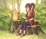  apple bad_id bad_pixiv_id baseball_cap blurry brown_hair bush cropped_jacket day depth_of_field female_protagonist_(pokemon_go) fingerless_gloves food forest fruit full_body gen_1_pokemon gloves grass hair_between_eyes hat hat_removed headwear_removed leggings long_hair looking_at_another nature okakan outdoors pikachu plant pokemon pokemon_(creature) pokemon_go ponytail red_shirt shirt sitting sitting_on_tree_stump smile tree tree_stump 