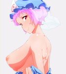  back bare_back blue_hat blush breasts closed_mouth from_side grey_background hat highres inverted_nipples large_breasts looking_at_viewer looking_to_the_side mob_cap nipples no_bra off_shoulder pink_hair puffy_nipples red_eyes saigyouji_yuyuko see-through shiny shiny_skin short_hair simple_background smile solo tenyunkel touhou undressing upper_body veil 