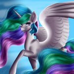  2015 absurd_res crazyaniknowit day equine feathered_wings feathers female feral flying friendship_is_magic hair hi_res hooves horn looking_at_viewer mammal multicolored_hair my_little_pony outside pink_eyes princess_celestia_(mlp) ridged_horn smile solo white_feathers winged_unicorn wings 