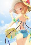 alternate_costume arm_strap ass ball beach beachball bikini bikini_skirt blonde_hair blue_bikini cloud cloudy_sky crystal day flandre_scarlet flat_ass frilled_bikini frills from_behind hair_between_eyes hat hat_ribbon highres light_particles looking_at_viewer midriff one_eye_closed outdoors red_eyes ribbon side_ponytail sky solo sun_hat swimsuit thighs touhou wet wet_clothes wet_swimsuit wings yuimari 