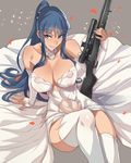  arm_support ban bare_shoulders blue_eyes blue_hair breasts cleavage detached_sleeves dress grisaia_(series) grisaia_no_rakuen gun highres holding holding_gun holding_weapon kusakabe_asako large_breasts long_hair looking_at_viewer navel reclining rifle see-through sitting smile sniper_rifle solo thighhighs veil weapon wedding_dress white_legwear 