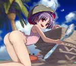  :d ahoge animal ass bare_legs beach black_hat blush bowl bowl_hat casual_one-piece_swimsuit cloud crab day from_side hair_intakes hat holding kneeling looking_at_viewer looking_to_the_side one-piece_swimsuit open_mouth outdoors palm_tree pink_swimsuit plant playing purple_hair red_eyes reflection sand_sculpture shope short_hair smile spoon sukuna_shinmyoumaru swimsuit touhou tree 