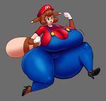  big_breasts blush breasts brown_fur brown_hair cleavage clothed clothing cosplay curly_q eyelashes female footwear fur furret gloves green_eyes hair hat high_heels huge_breasts mario_bros nintendo open_mouth overalls pok&eacute;mon solo tan_fur thick_thighs video_games 