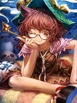  ;3 animal animal_ears bad_id bad_pixiv_id bangs bell bow breasts brown_eyes brown_hair clog_sandals closed_mouth frills futatsuiwa_mamizou geta glasses gourd hair_between_eyes hat hat_bow holding holding_pipe jingle_bell kiseru lain leaf light_particles looking_at_another looking_at_viewer pipe raccoon_ears raccoon_tail red_skirt semi-rimless_eyewear short_sleeves skirt small_breasts smile smoke solo_focus tail tanuki touhou under-rim_eyewear wavy_hair yellow_bow 