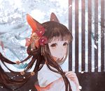  animal_ears bell brown_eyes brown_hair cat_ears cat_girl day flower hair_bell hair_flower hair_ornament hand_on_own_chest long_hair looking_at_viewer original say_hana snow solo upper_body 